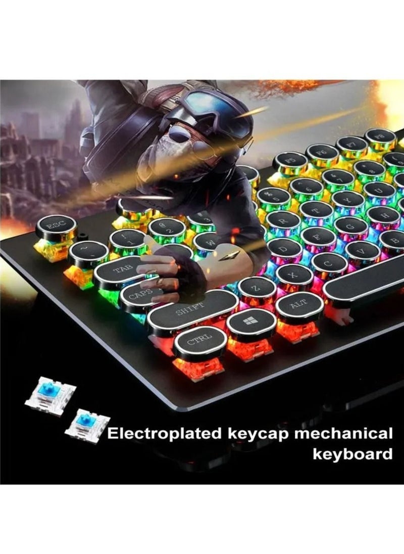 T-WOLF - Blue Switches Wired Mechanical Keyboard with Backlit 104 Round Keys Punk Style Silver - Image 1
