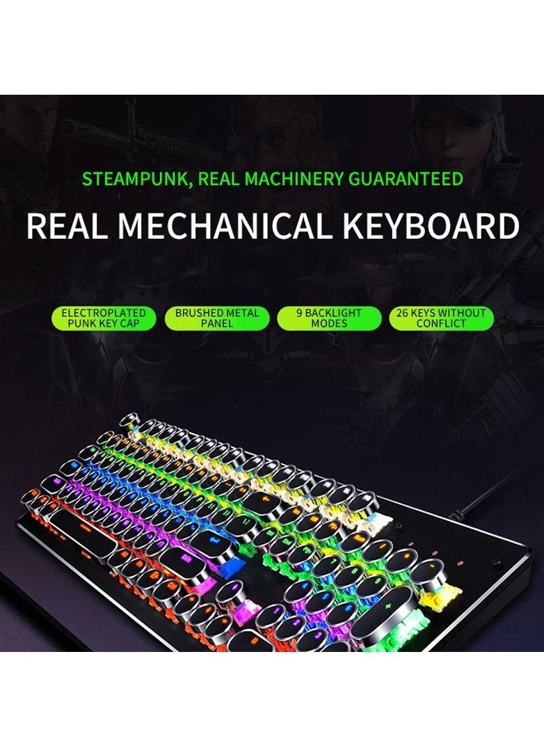 T-WOLF - Blue Switches Wired Mechanical Keyboard with Backlit 104 Round Keys Punk Style Silver - Image 1