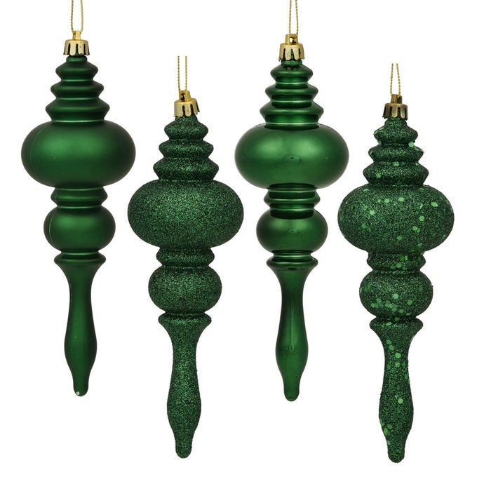 7 4FINISH FINIAL ORNAMENT SHATTERPROOF PLASTIC CHRISTMAS TREE DECORATION 8 PACK EMERALD SHINY MATTE GLITTER AND SEQUIN FINISHES