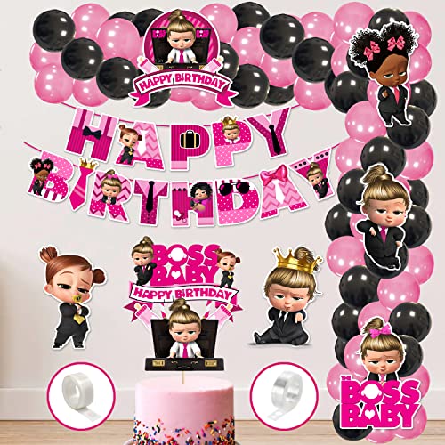 Zyozique Girl Boss Baby Theme Balloon Arc Decoration, Girl Boss Baby Birthday for Girls with Happy Birthday Paper Banner Cardstock Cake Toppers Balloons Birthday Decoration Kit (Pack of 60) - Image 1