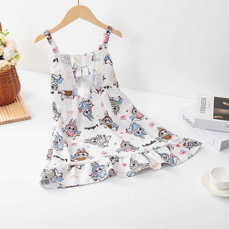 Summer Suspender Skirt Korean Style Girls And Children'S Pajamas Bubble Cotton Girls Cartoon Thin Soft Lace Home Clothes - Image 3