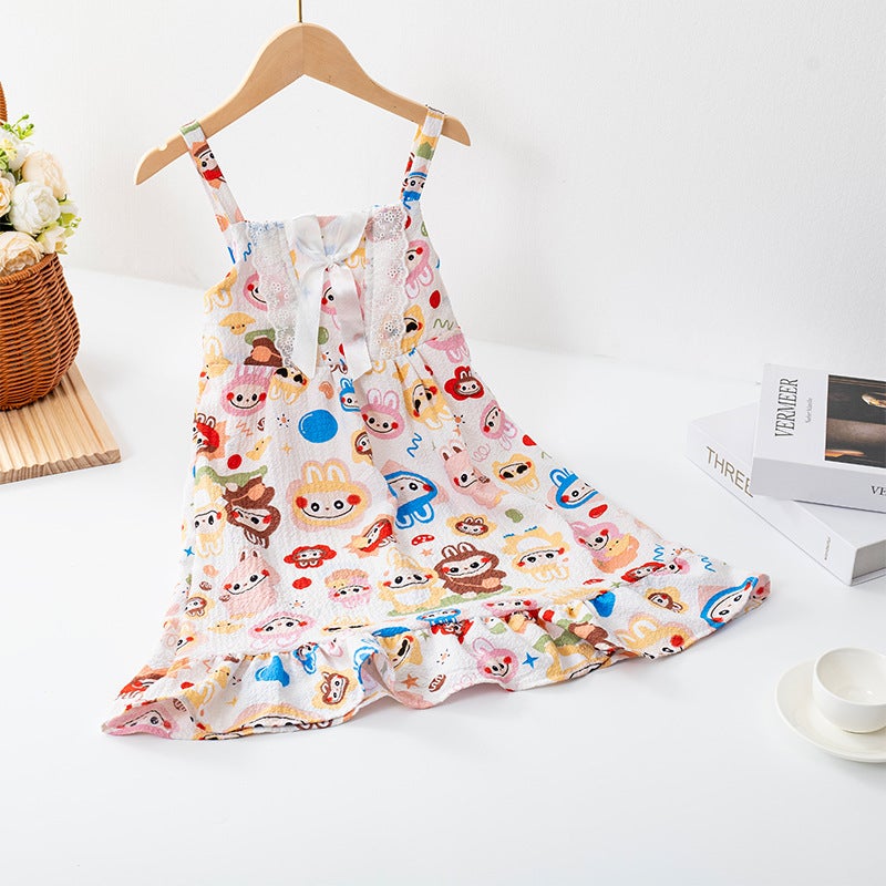 Summer Suspender Skirt Korean Style Girls And Children'S Pajamas Bubble Cotton Girls Cartoon Thin Soft Lace Home Clothes - Image 4