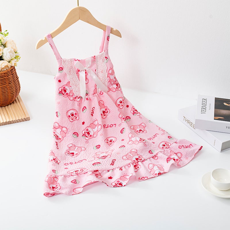 Summer Suspender Skirt Korean Style Girls And Children'S Pajamas Bubble Cotton Girls Cartoon Thin Soft Lace Home Clothes - Image 2