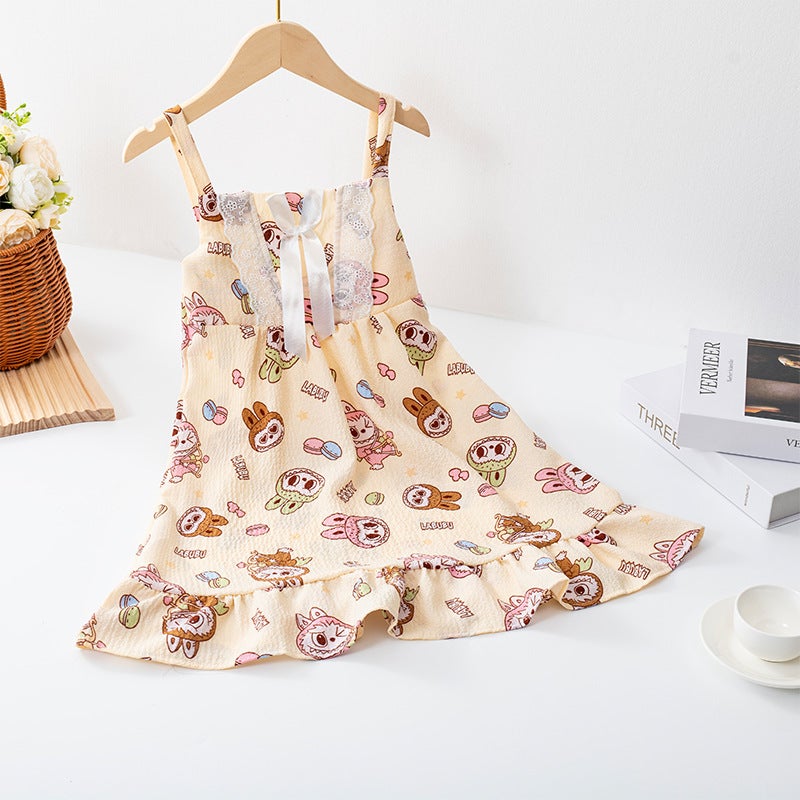 Summer Suspender Skirt Korean Style Girls And Children'S Pajamas Bubble Cotton Girls Cartoon Thin Soft Lace Home Clothes - Image 5
