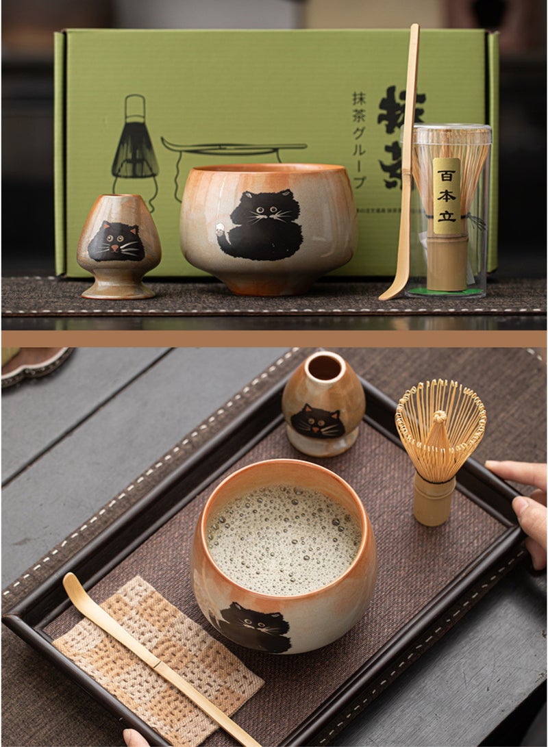 ماساجا طقم شاي ماتشا مكون من 4 قطع بتصميم قطة لطيفة، طقم خفاقة ماتشا مع وعاء ماتشا، خفاقة، حامل خفاقة ومغرفة، طقم خفاقة شاي للهدايا والاستخدام الشخصي - Image 1