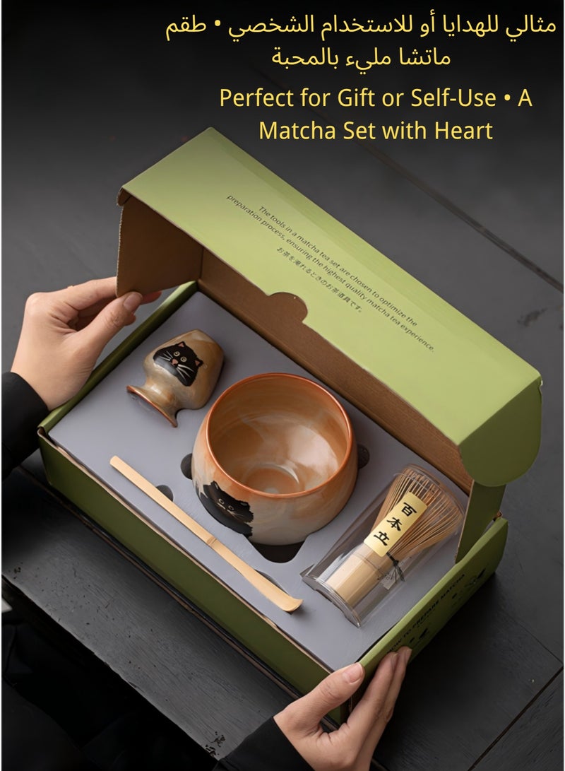 ماساجا طقم شاي ماتشا مكون من 4 قطع بتصميم قطة لطيفة، طقم خفاقة ماتشا مع وعاء ماتشا، خفاقة، حامل خفاقة ومغرفة، طقم خفاقة شاي للهدايا والاستخدام الشخصي - Image 3