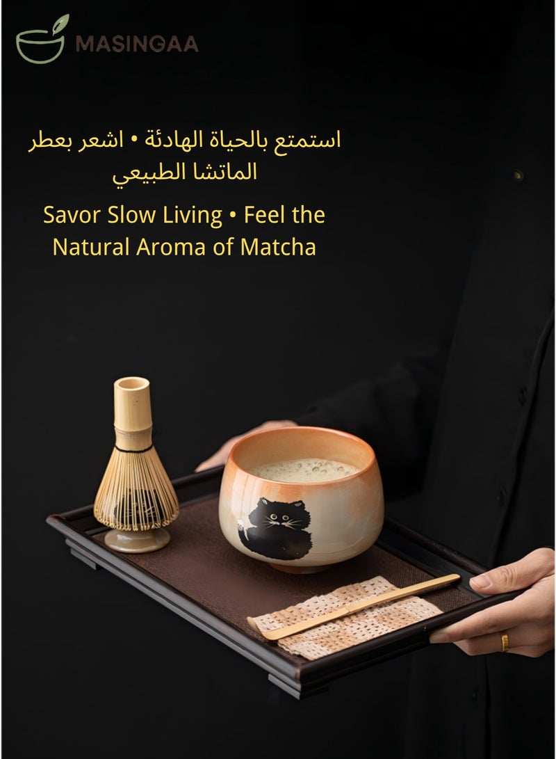 ماساجا طقم شاي ماتشا مكون من 4 قطع بتصميم قطة لطيفة، طقم خفاقة ماتشا مع وعاء ماتشا، خفاقة، حامل خفاقة ومغرفة، طقم خفاقة شاي للهدايا والاستخدام الشخصي - Image 4