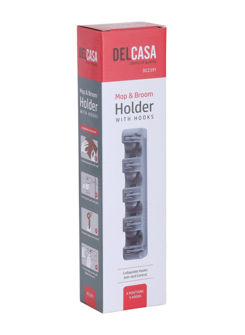 Delcasa Mop Broom Holder with 5 Hooks and 4 Positions DC2391