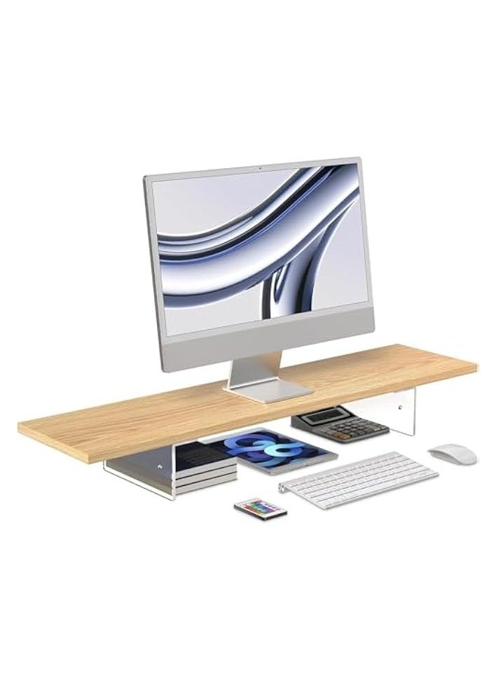 Monitor Stand Riser, 60CM Wood Laptop Stand for Desk, Clear Computer Monitor Stand, Computer Desktop Organizer Stand for Laptop Printer, Desk Monitor Riser