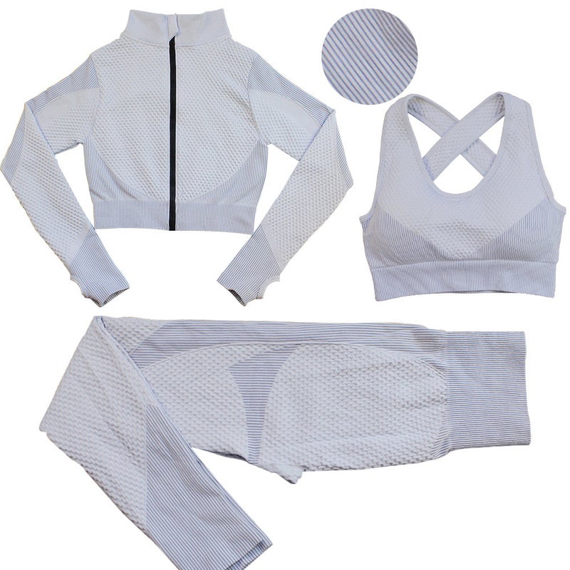 Striped Seamless Yoga Suit Long Pants Bra Set white ash  - Image 1