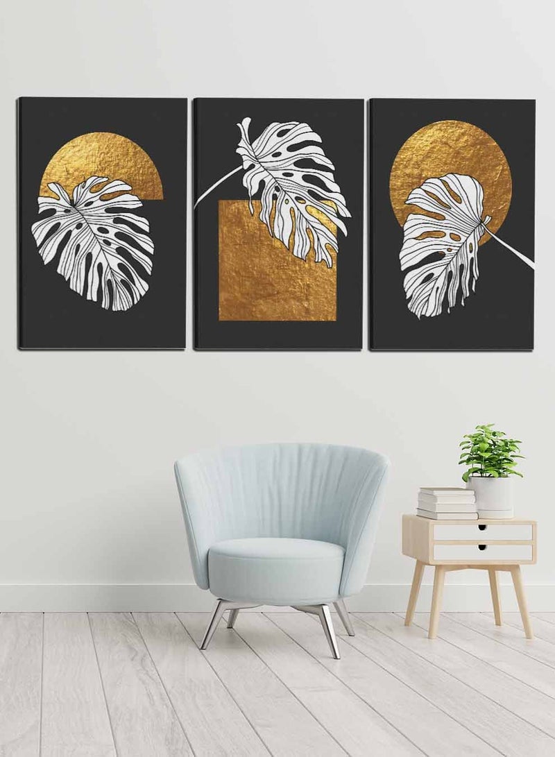 LOWHA Set Of 3 Framed Canvas Wall Arts Stretched Over Wooden Frame, Abstract Leaves on a Dark Background Paintings, For Home, Living Room, Office Decor - Image 2