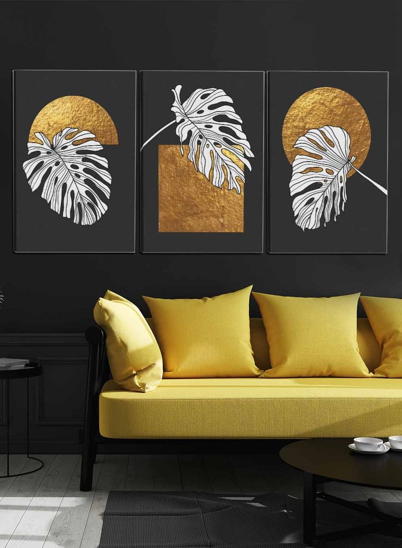 LOWHA Set Of 3 Framed Canvas Wall Arts Stretched Over Wooden Frame, Abstract Leaves on a Dark Background Paintings, For Home, Living Room, Office Decor - Image 3