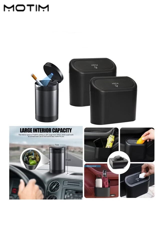 Motim 2 Pcs Car Trash Can Container, Mini Vehicle Trash Bin with Lid And 1 Pcs Car LED Ashtray, Portable Ashtray for Car, Detachable Stainless Steel Smokeless Ash Tray with LED Light  - Image 1
