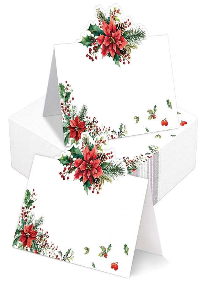 Whaline 100 Pcs Christmas Place Cards 3.5 x 2 Inch Holly Berry Poinsettia Tented Name Cards Xmas Seating Cards for Winter Party Table Setting Supplies - Image 1
