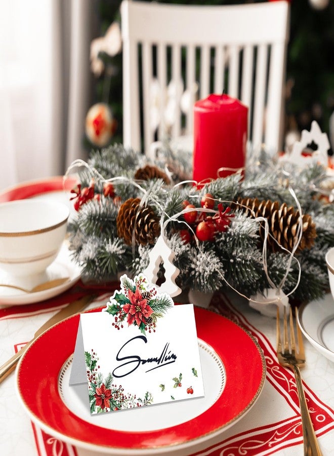 Whaline 100 Pcs Christmas Place Cards 3.5 x 2 Inch Holly Berry Poinsettia Tented Name Cards Xmas Seating Cards for Winter Party Table Setting Supplies - Image 5