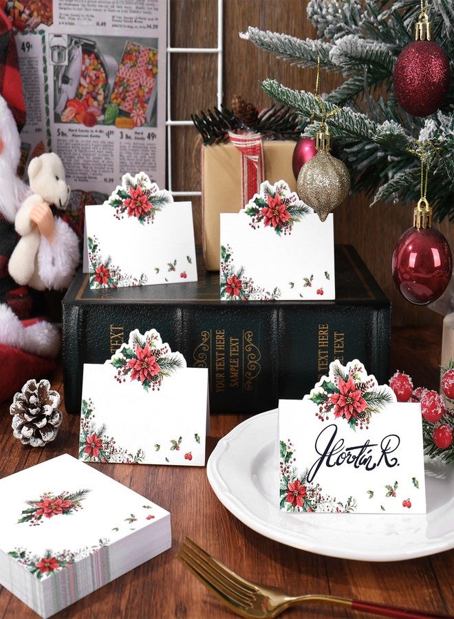 Whaline 100 Pcs Christmas Place Cards 3.5 x 2 Inch Holly Berry Poinsettia Tented Name Cards Xmas Seating Cards for Winter Party Table Setting Supplies - Image 4