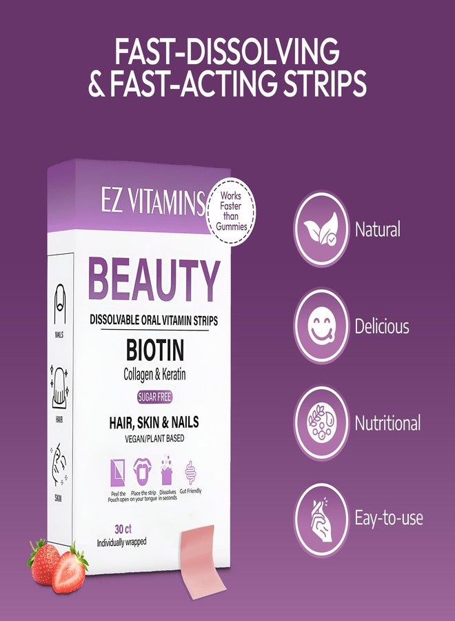 EZ VITAMINS شرائح فموية لنمو الشعر، وبشرة متألقة، وأظافر قوية - مكمل غذائي سريع المفعول من البيوتين، وفيتامين هـ، والكولاجين، وحمض الفوليك للرجال والنساء - نتائج أسرع بمرتين، بنكهة الفراولة، 30 شريحة | خالية من السكر - Image 3