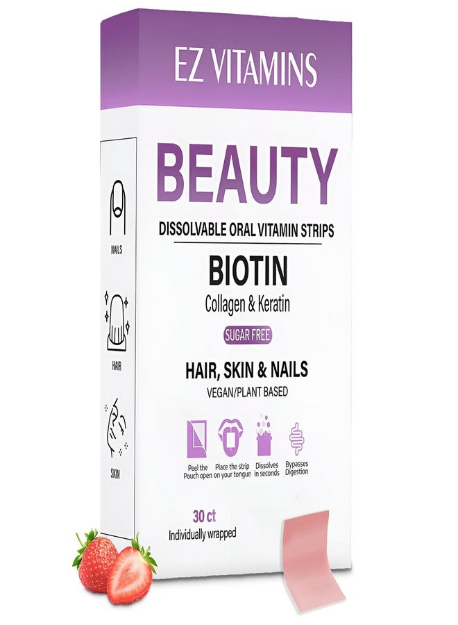 EZ VITAMINS شرائح فموية لنمو الشعر، وبشرة متألقة، وأظافر قوية - مكمل غذائي سريع المفعول من البيوتين، وفيتامين هـ، والكولاجين، وحمض الفوليك للرجال والنساء - نتائج أسرع بمرتين، بنكهة الفراولة، 30 شريحة | خالية من السكر - Image 1