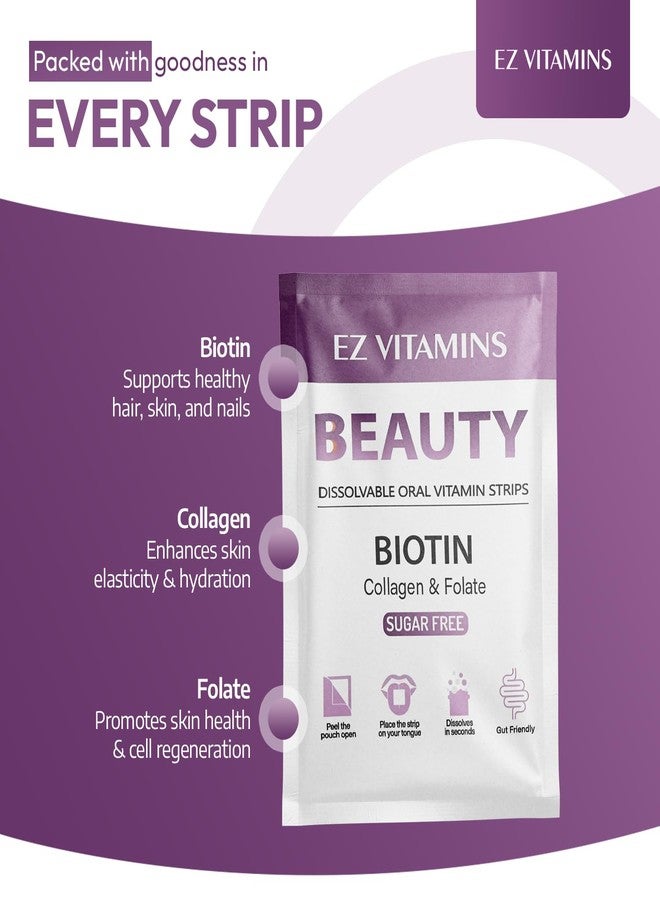 EZ VITAMINS شرائح فموية لنمو الشعر، وبشرة متألقة، وأظافر قوية - مكمل غذائي سريع المفعول من البيوتين، وفيتامين هـ، والكولاجين، وحمض الفوليك للرجال والنساء - نتائج أسرع بمرتين، بنكهة الفراولة، 30 شريحة | خالية من السكر - Image 2