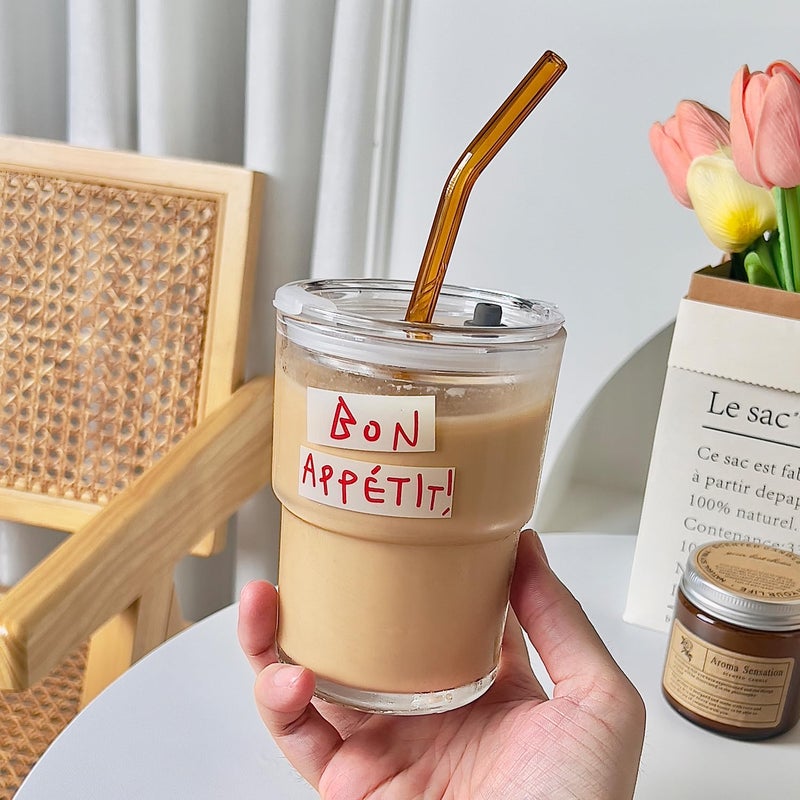 Olvini 13oz Glass Tumbler with Straw and Lid, Reusable Iced Coffee Cup Tumbler, Cute Glass Cups for Water, Matcha, Travel Coffee Mugs (Bon AppÃ©tit) - Image 3