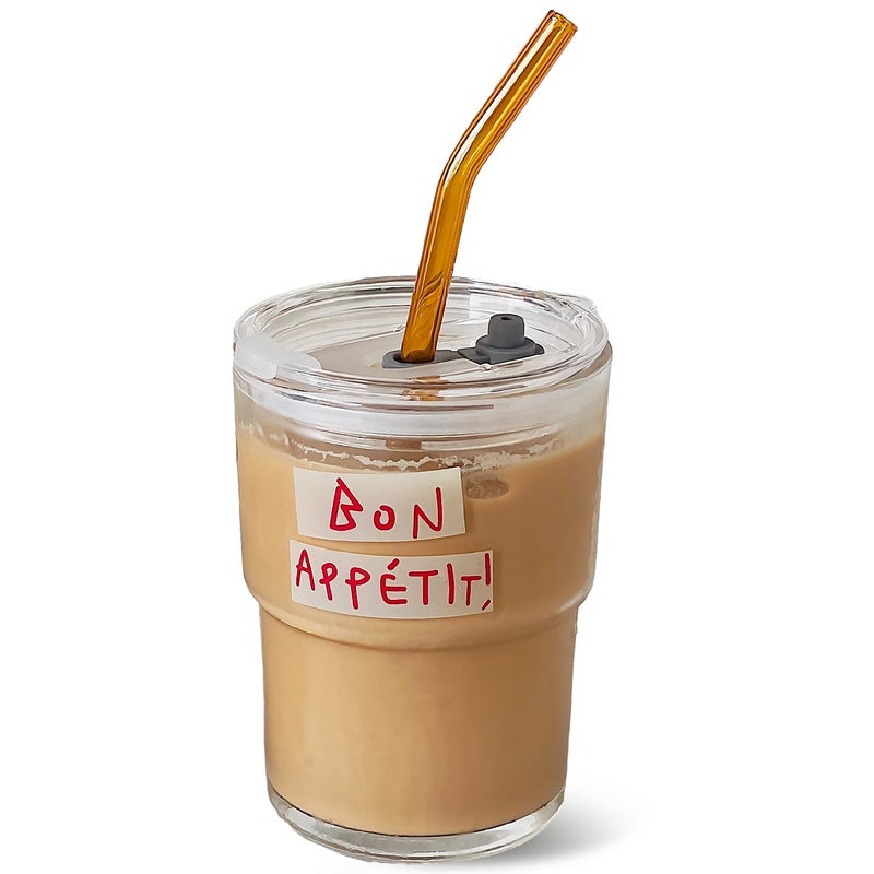 Olvini 13oz Glass Tumbler with Straw and Lid, Reusable Iced Coffee Cup Tumbler, Cute Glass Cups for Water, Matcha, Travel Coffee Mugs (Bon AppÃ©tit) - Image 1