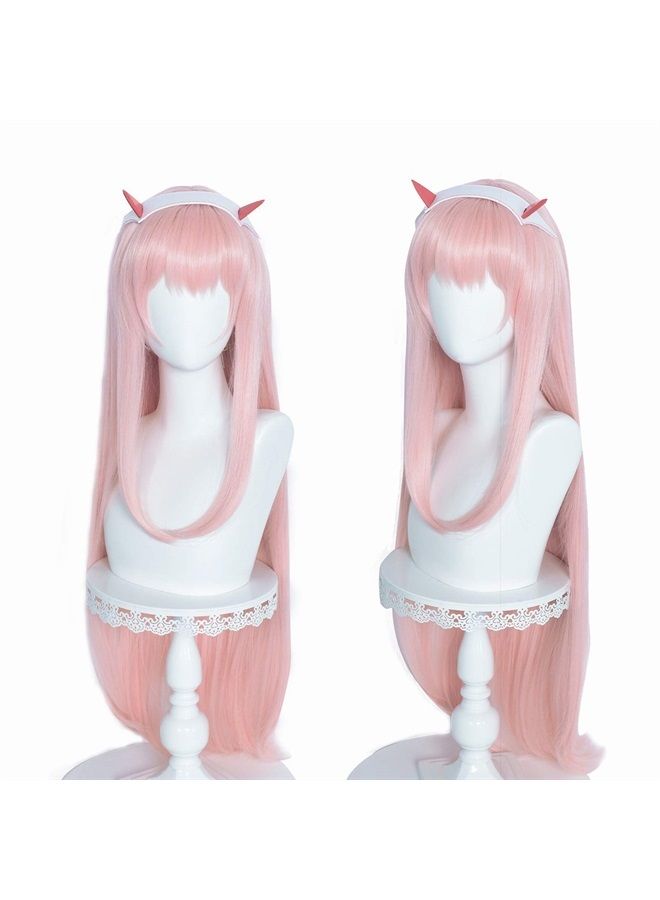 LABEAUTÉ Pink Wig Pastel Pink Wig for Women Long Straight Hot Pink Anime Cosplay Wig with Horn-39 Inch - Image 1