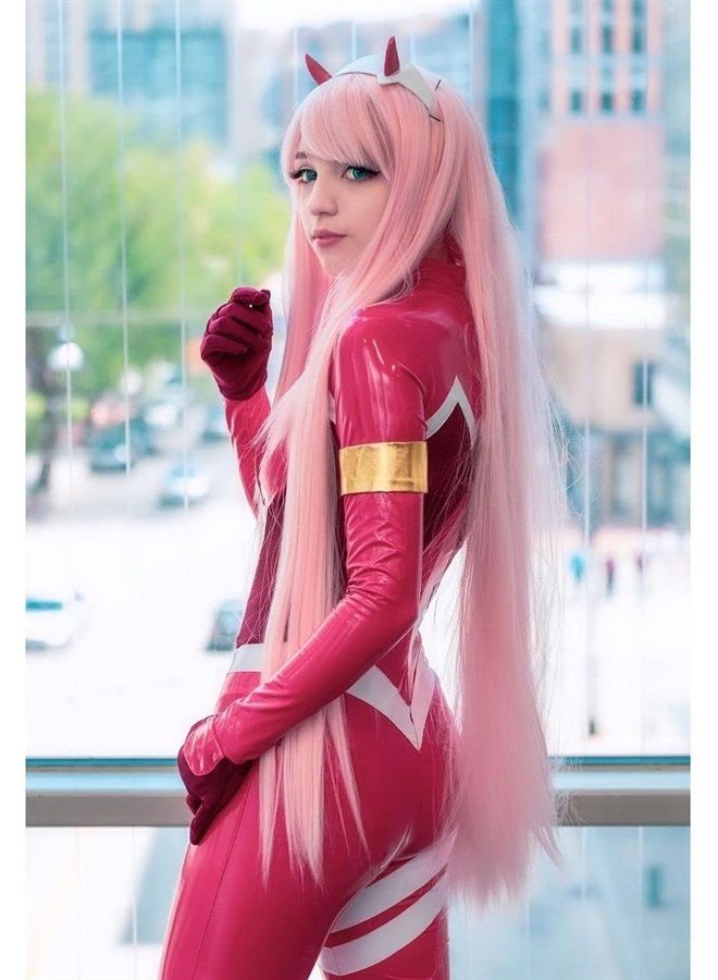 LABEAUTÉ Pink Wig Pastel Pink Wig for Women Long Straight Hot Pink Anime Cosplay Wig with Horn-39 Inch - Image 2