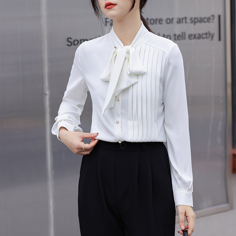 Fu 8872 French Satin Shirt Womens Long-sleeved New Style Ribbon Bow Shirt High-end Outer Wear Top white