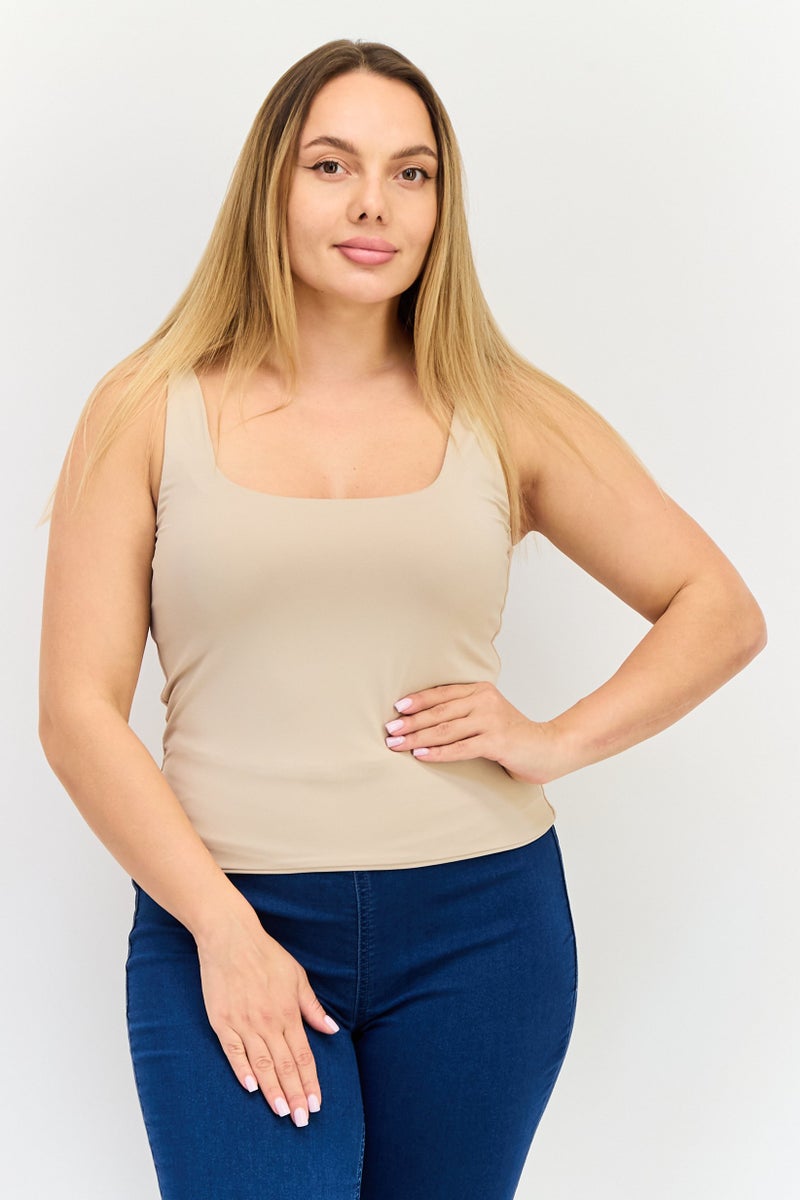 bebe توب نسائي بلا أكمام بتصميم مربع العنق، بيج - Image 1