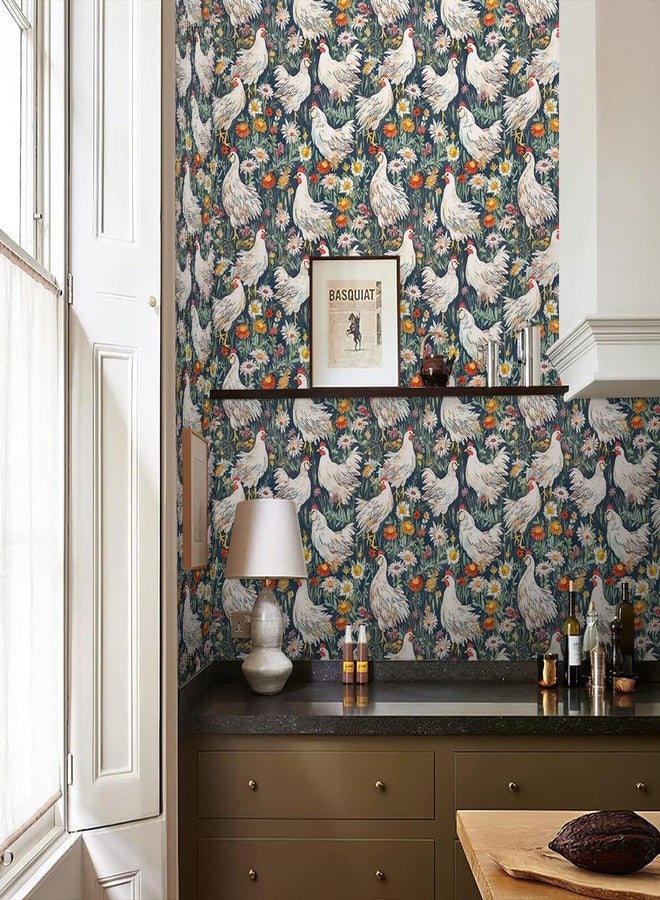 REDAMANCY White Roosters Daisy Flowers Forest Green/Red Peel and Stick Wallpaper Stick on Contact Paper Vintage Wall Paper Easy Peel Off for nightstand Drawer Cabinet Renter - Image 5