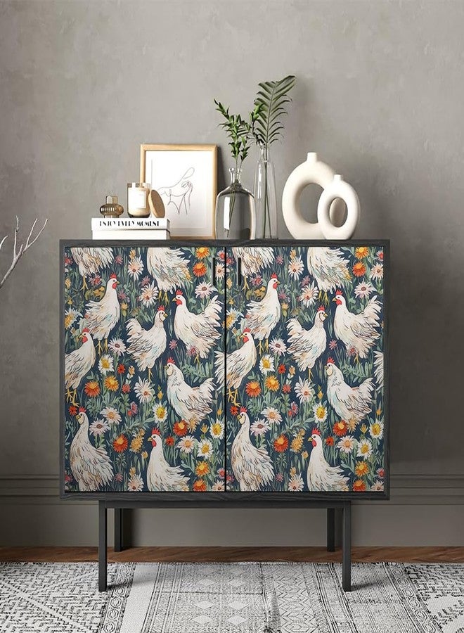 REDAMANCY White Roosters Daisy Flowers Forest Green/Red Peel and Stick Wallpaper Stick on Contact Paper Vintage Wall Paper Easy Peel Off for nightstand Drawer Cabinet Renter - Image 4