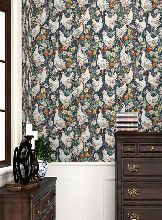REDAMANCY White Roosters Daisy Flowers Forest Green/Red Peel and Stick Wallpaper Stick on Contact Paper Vintage Wall Paper Easy Peel Off for nightstand Drawer Cabinet Renter - Image 2