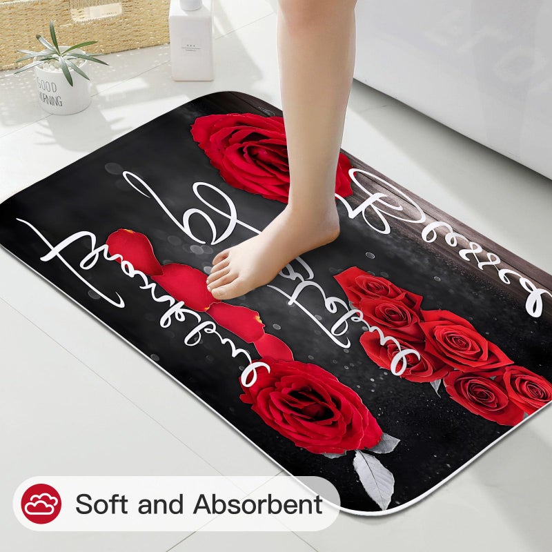 Litabel 4 Pcs Red Rose Shower Curtain Set with Non-Slip Rugs, Toilet Lid Cover and Bath Mat, Thankful Grateful Blessed Romantic Showy Elegant Floral Bathroom Decor Set with Shower Curtain and Rugs - Image 5