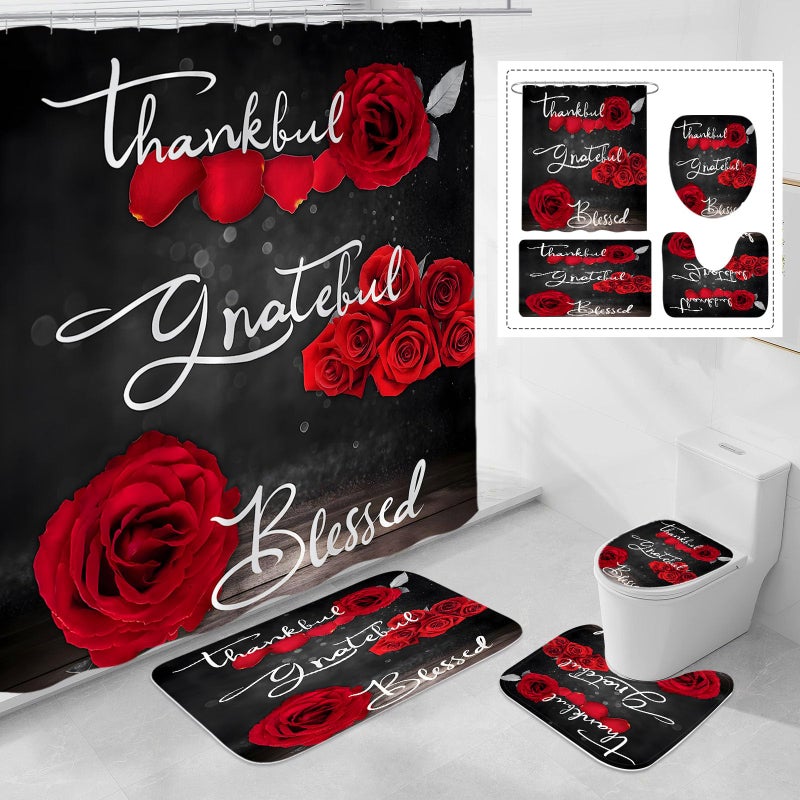 Litabel 4 Pcs Red Rose Shower Curtain Set with Non-Slip Rugs, Toilet Lid Cover and Bath Mat, Thankful Grateful Blessed Romantic Showy Elegant Floral Bathroom Decor Set with Shower Curtain and Rugs - Image 1