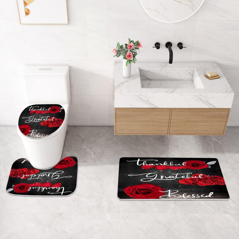 Litabel 4 Pcs Red Rose Shower Curtain Set with Non-Slip Rugs, Toilet Lid Cover and Bath Mat, Thankful Grateful Blessed Romantic Showy Elegant Floral Bathroom Decor Set with Shower Curtain and Rugs - Image 4