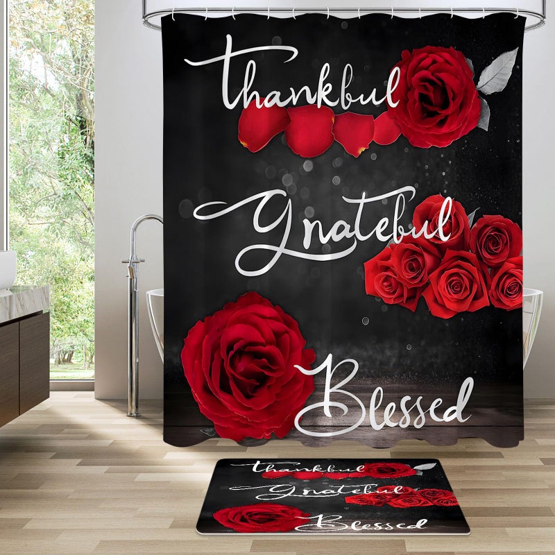Litabel 4 Pcs Red Rose Shower Curtain Set with Non-Slip Rugs, Toilet Lid Cover and Bath Mat, Thankful Grateful Blessed Romantic Showy Elegant Floral Bathroom Decor Set with Shower Curtain and Rugs - Image 3