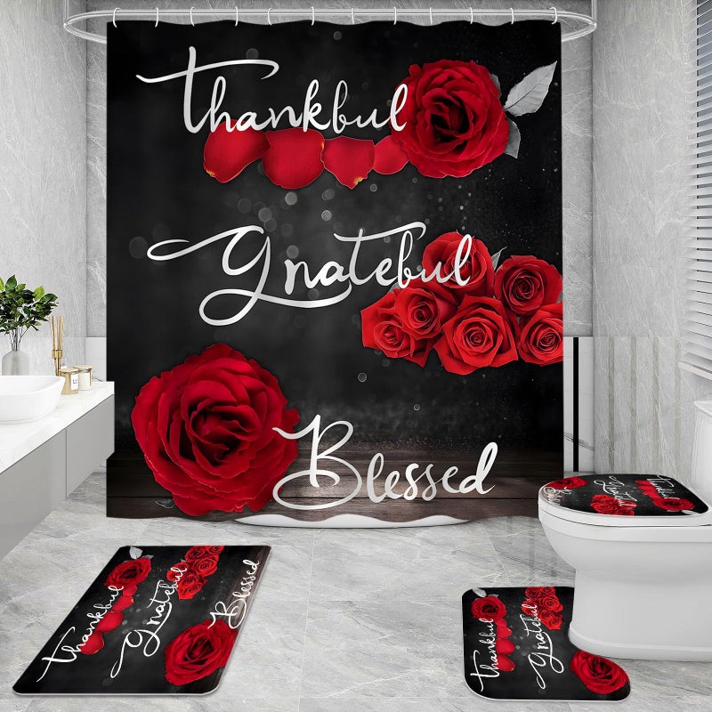 Litabel 4 Pcs Red Rose Shower Curtain Set with Non-Slip Rugs, Toilet Lid Cover and Bath Mat, Thankful Grateful Blessed Romantic Showy Elegant Floral Bathroom Decor Set with Shower Curtain and Rugs - Image 2