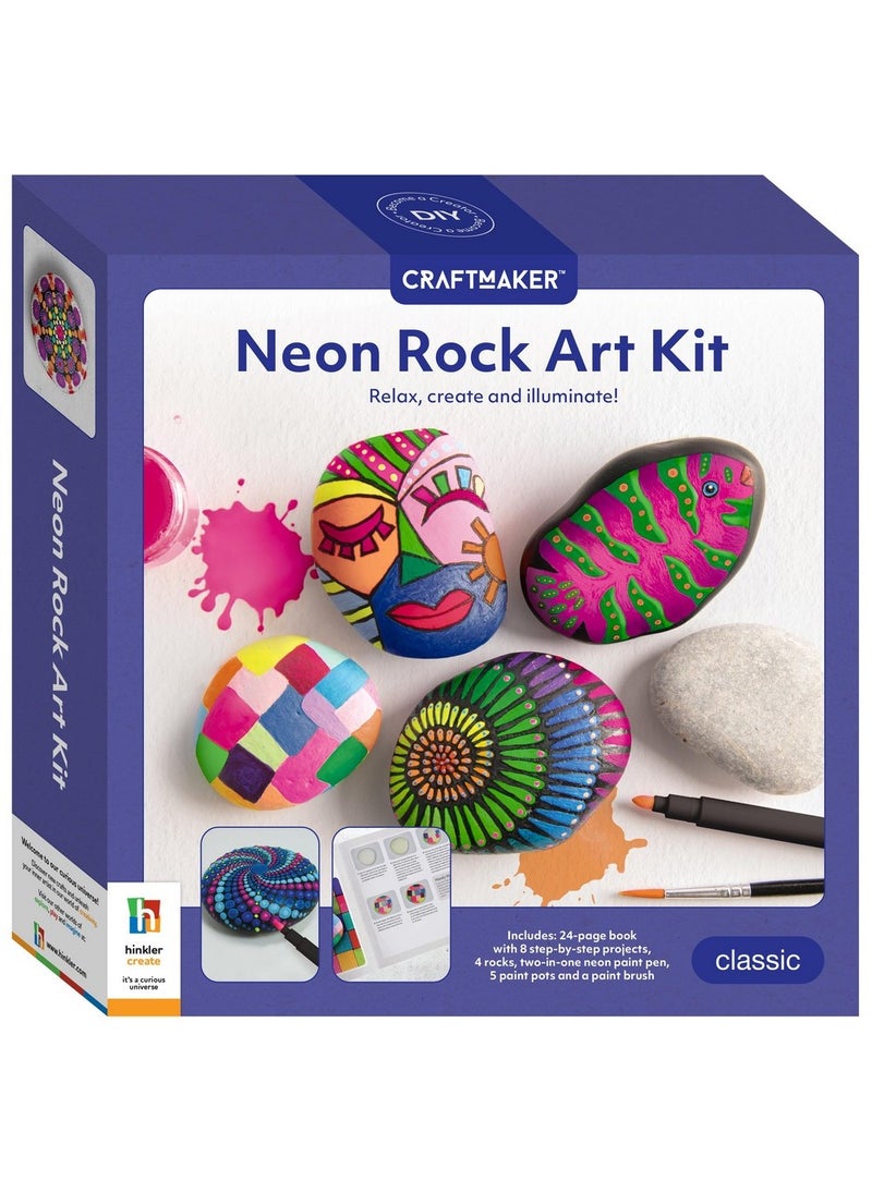 Hinkler طقم فن الصخور النيون من هينكلر كرافت ميكر - مجموعة طلاء الصخور افعلها بنفسك تتضمن كتابًا من 24 صفحة، 4 صخور، فرشاة طلاء، قلم طلاء نيون مزدوج الطرف، علب طلاء، ألوان نيون، مشاريع فن الصخور الممتعة، حجر زخرفي، ديكور منزلي فريد - Image 1