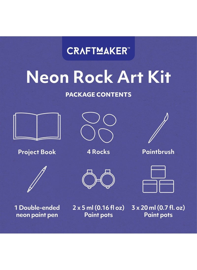 Hinkler طقم فن الصخور النيون من هينكلر كرافت ميكر - مجموعة طلاء الصخور افعلها بنفسك تتضمن كتابًا من 24 صفحة، 4 صخور، فرشاة طلاء، قلم طلاء نيون مزدوج الطرف، علب طلاء، ألوان نيون، مشاريع فن الصخور الممتعة، حجر زخرفي، ديكور منزلي فريد - Image 2