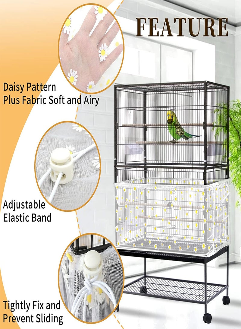 GGOOT Adjustable Bird Cage Cover,  Bird Cage Seed Catcher, Large Soft Nylon Mesh Net with Daisy Pattern, Birdcage Cover Skirt Seed Guard for Parrot Parakeet Macaw Round Square Cages (White) - Image 4