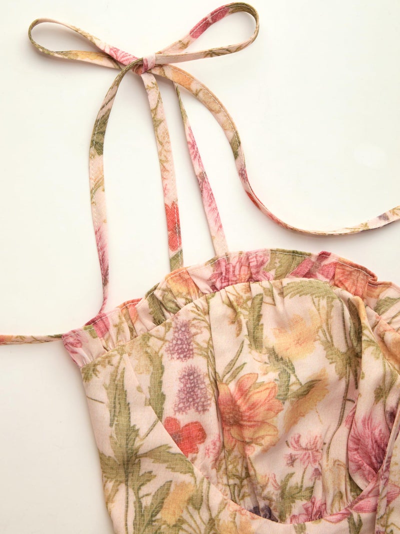 CIDER Women's Summer Floral Dress Spaghetti Strap Tiered Casual Boho Mini Short Sundress Peach Pink - Image 4
