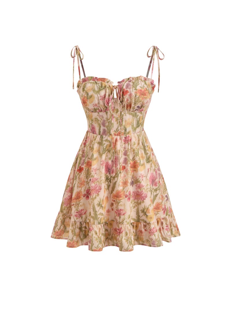 CIDER Women's Summer Floral Dress Spaghetti Strap Tiered Casual Boho Mini Short Sundress Peach Pink - Image 1