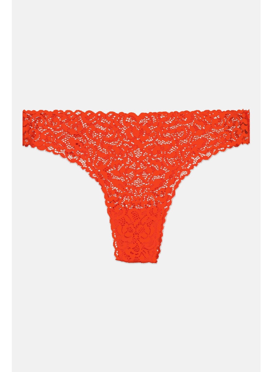 UNDIZ Women Lace Trim Slip On Tanga, Orange  - Image 1