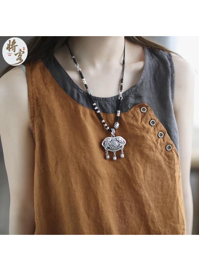 Song Feng Ya Plus Size Women's Wear Summer New Casual Sleeveless Round Neck Vest Cotton Linen Patchwork Color Block T-shirt Women - Image 2