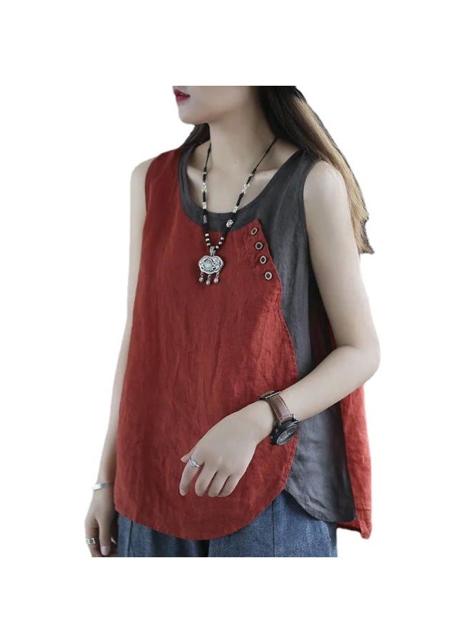 Song Feng Ya Plus Size Women's Wear Summer New Casual Sleeveless Round Neck Vest Cotton Linen Patchwork Color Block T-shirt Women - Image 5