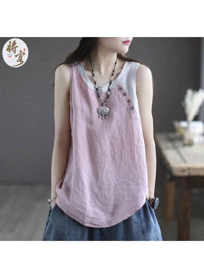 Song Feng Ya Plus Size Women's Wear Summer New Casual Sleeveless Round Neck Vest Cotton Linen Patchwork Color Block T-shirt Women - Image 4