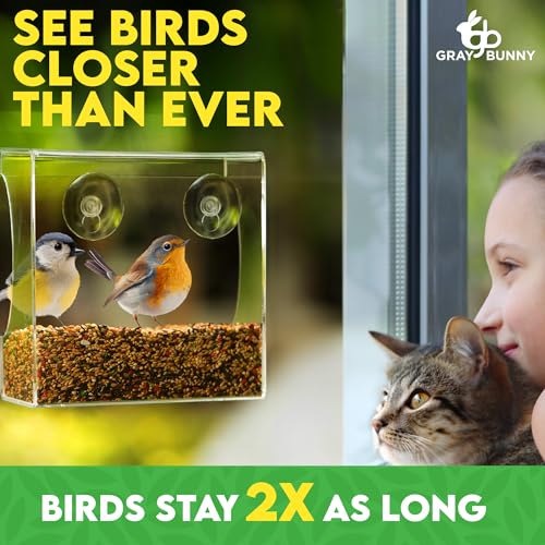 Gray Bunny Clear Window Bird Feeder - Premium Bird Feeder for Outdoors with Strong Suction Cups with Drain Holes and Large Seed Capacity - Image 4