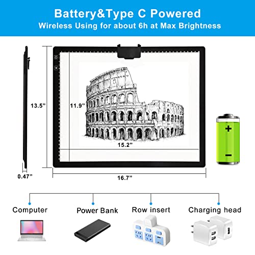 TOHETO A3 Light Pad, Rechargeable Light Board for Diamond Painting, Tracing Light Box with Stand and Clip, Light Table Lightbox for Tracing, Drawing - Image 3
