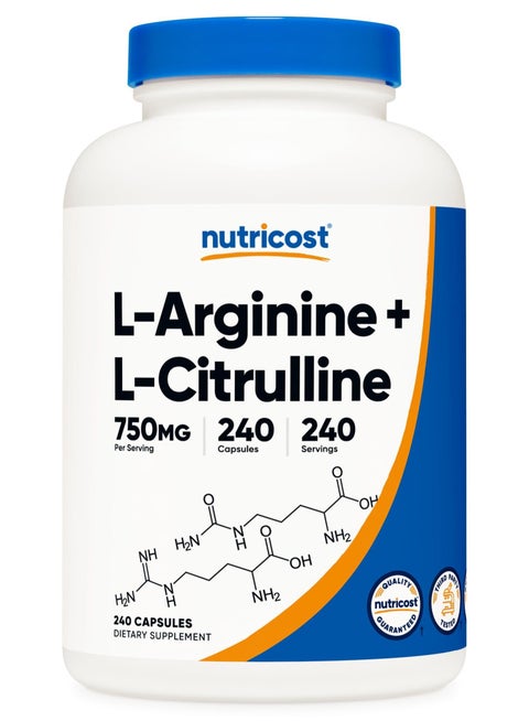 L-Arginine + L-Citrulline 750mg Per Serving, 240 Capsules,240 Servings Dietary Supplement