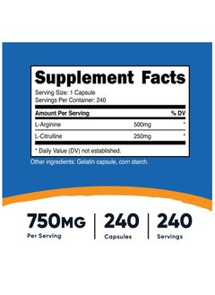 Nutricost L-Arginine + L-Citrulline 750mg Per Serving, 240 Capsules,240 Servings Dietary Supplement  - Image 2